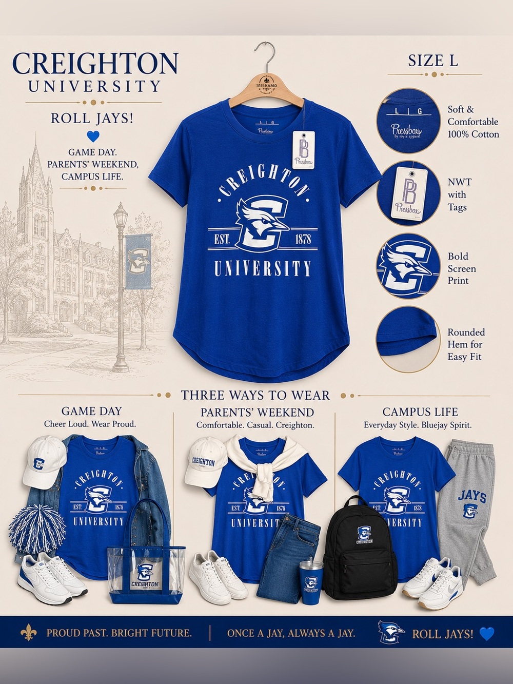 Creighton University Women’s T-Shirt Blue & White| Pressbox | NWT | Size Large